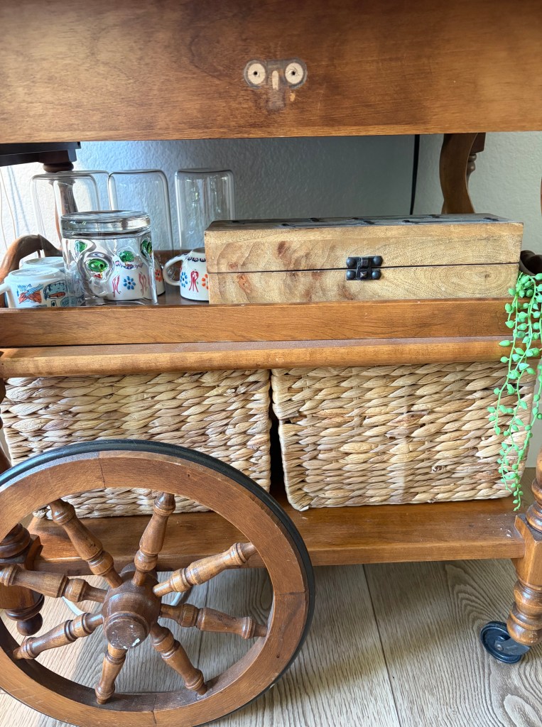 Finished cozy coffee station on vintage tea cart